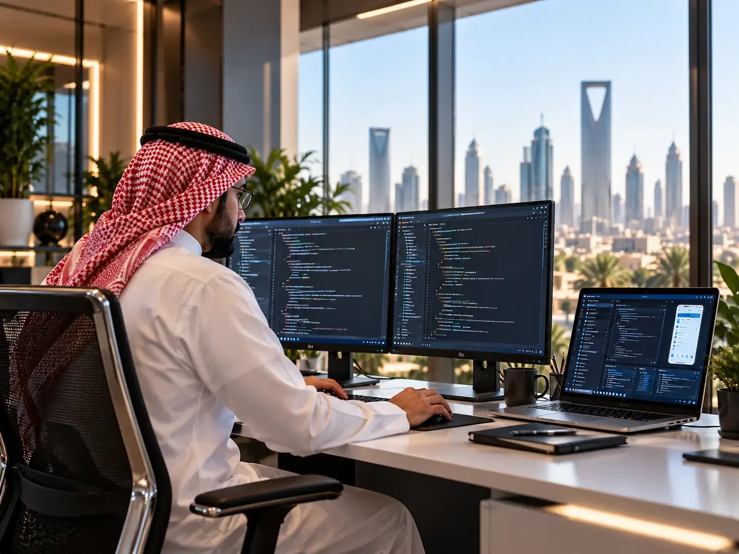 Saudi developer at a coding workstation overlooking Riyadh; client-supplied AI illustration, not verified ITQAN personnel, premises or projects.