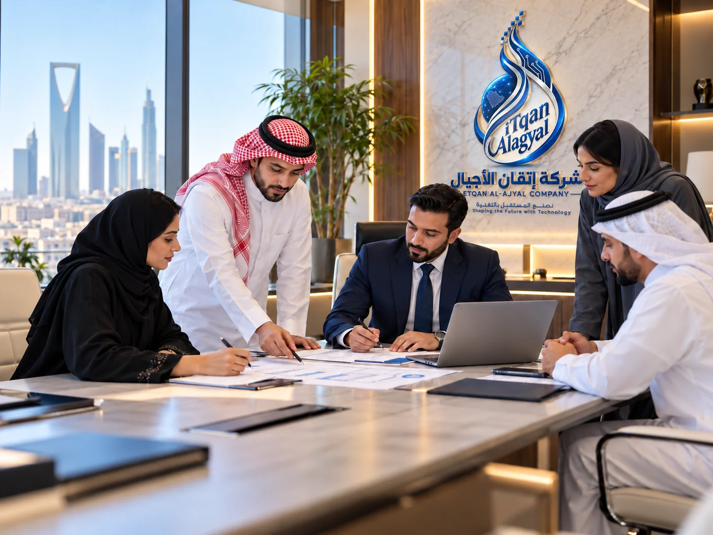 Client-supplied meeting illustration with existing ITQAN wall branding and the Riyadh skyline; not verified company personnel or premises.