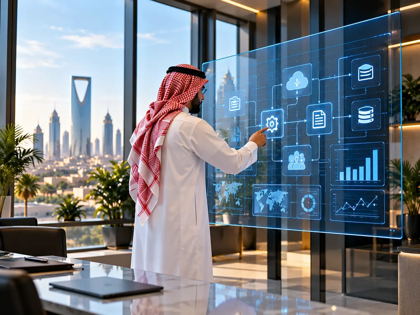 Saudi executive exploring a digital interface overlooking Riyadh; client-supplied AI illustration, not verified ITQAN personnel, premises or projects.