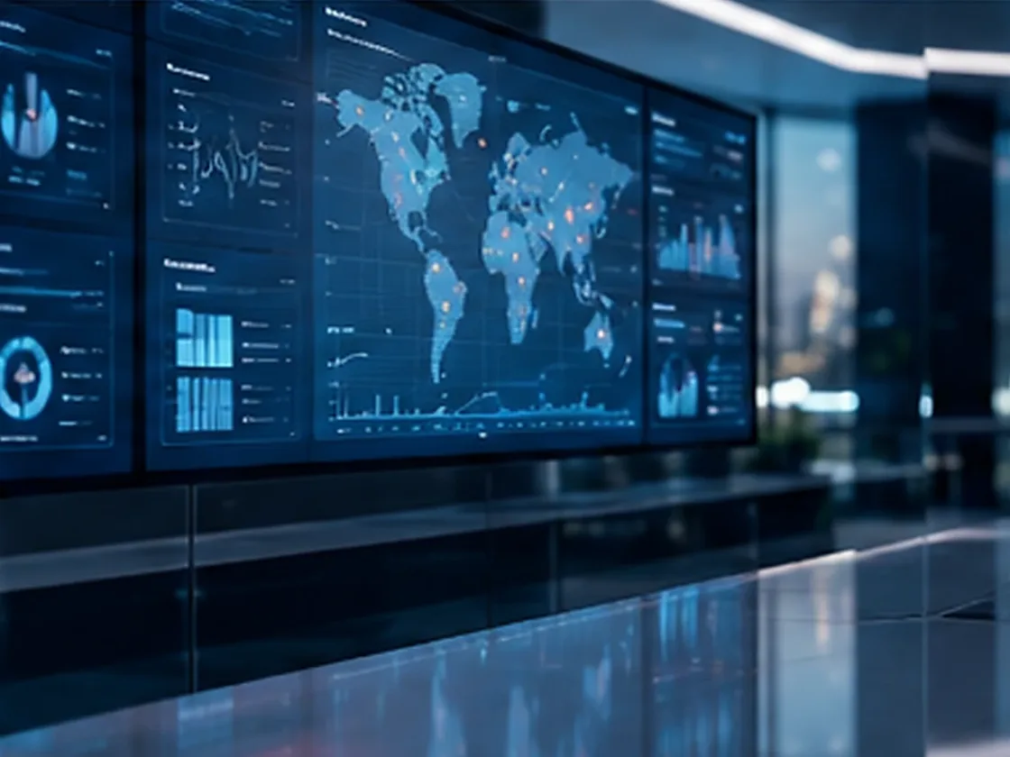 Wall of risk-monitoring dashboards with a world map in an operations room; client-supplied AI illustration, not ITQAN offices, staff, clients or delivered projects.