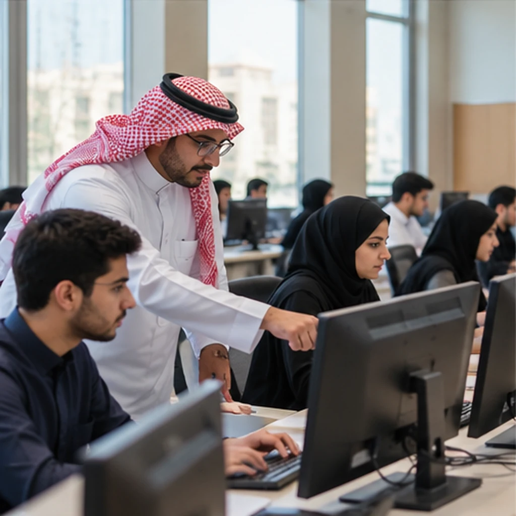 An instructor guiding students in a technology-equipped classroom; client-supplied AI illustration, not ITQAN staff, clients or completed projects.
