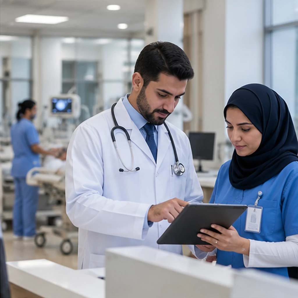 A doctor and a healthcare professional reviewing a tablet in a hospital; client-supplied AI illustration, not ITQAN staff, clients or completed projects.