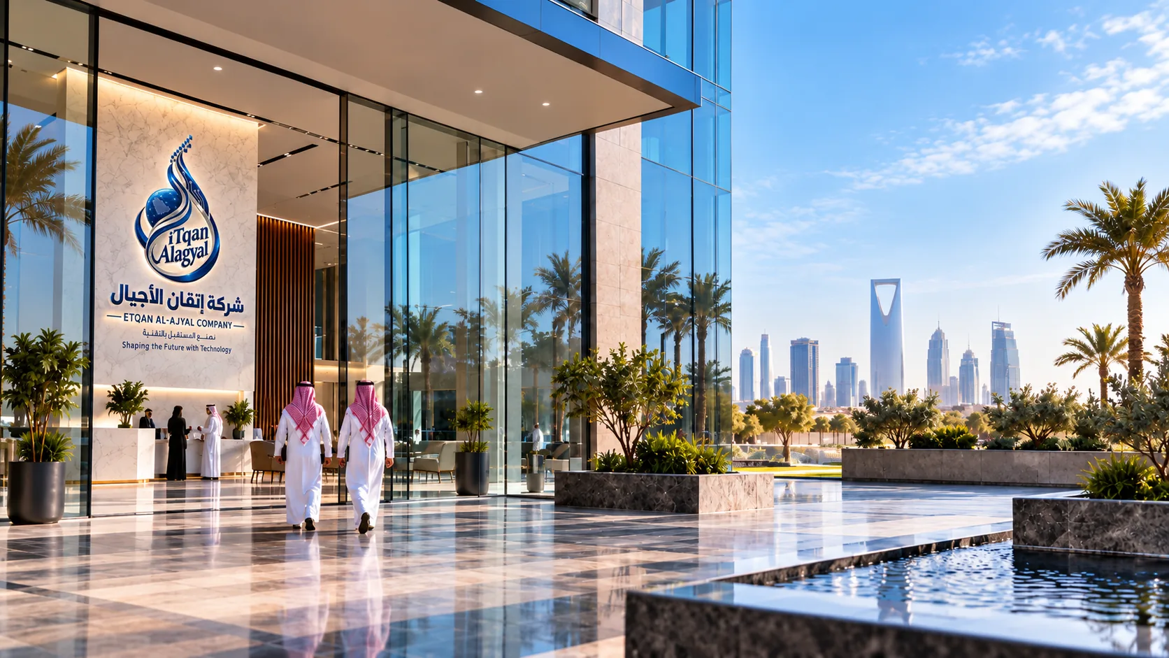 تصور معماري مقدم من العميل لمدخل مقر زجاجي مع لافتة على الجدار وزائرين ومساحات خضراء وأفق الرياض؛ ليس توثيقاً لمقر الشركة.