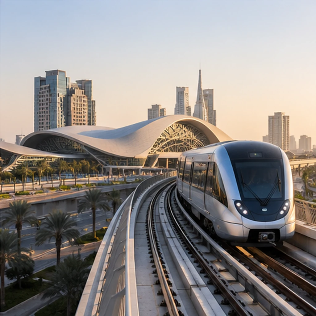A metro train and station as a general public-infrastructure illustration; client-supplied AI illustration, not ITQAN staff, clients or completed projects.