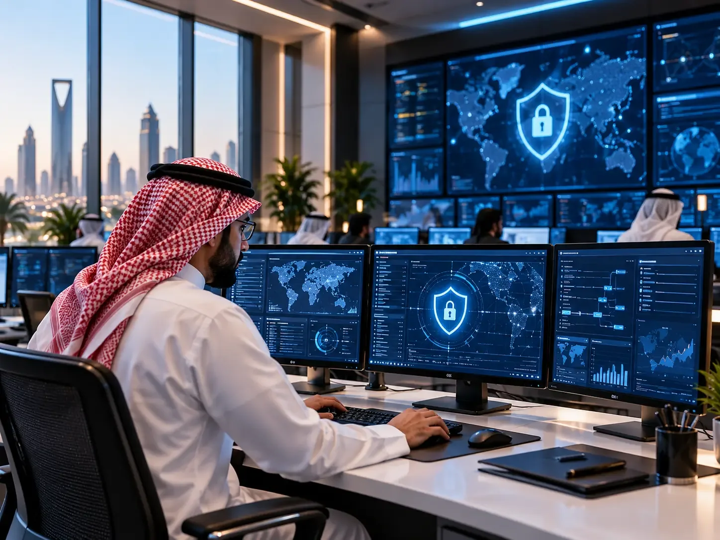 Saudi specialist at a cybersecurity operations workstation; client-supplied AI illustration, not verified ITQAN personnel, premises or projects.