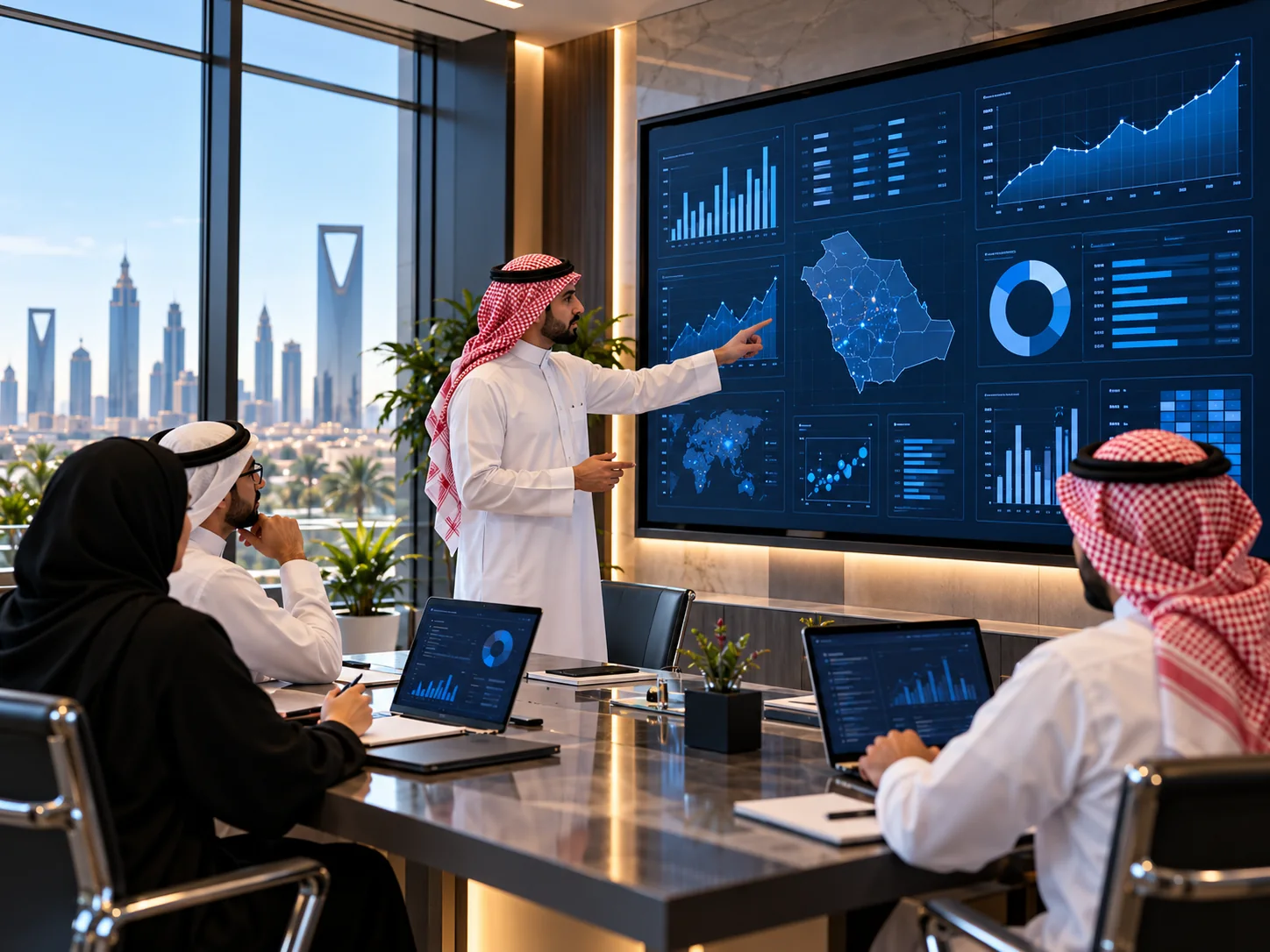 Saudi team reviewing analytical charts in a strategy meeting; client-supplied AI illustration, not verified ITQAN personnel, premises or projects.