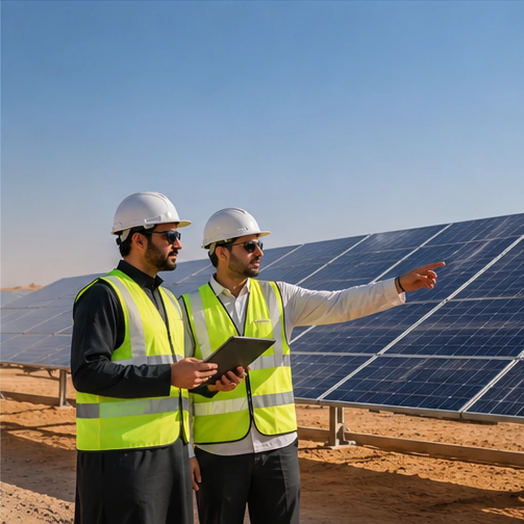 Two engineers inspecting solar-energy installations on site; client-supplied AI illustration, not ITQAN staff, clients or completed projects.