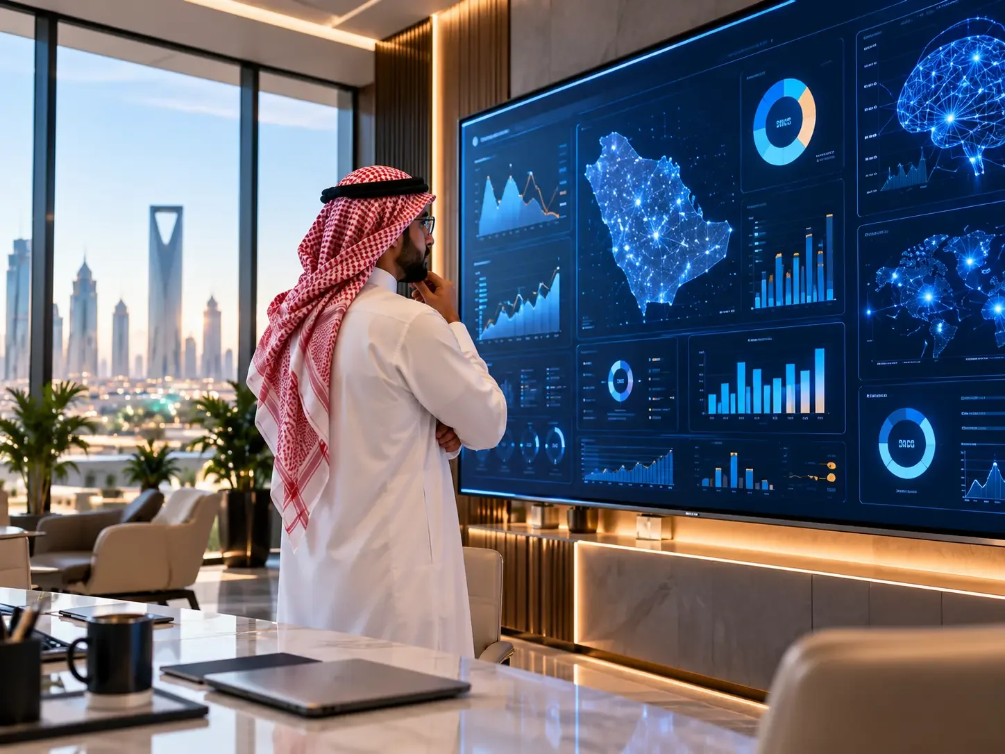 Saudi professional exploring AI and business intelligence dashboards; client-supplied AI illustration, not verified ITQAN personnel, premises or projects.
