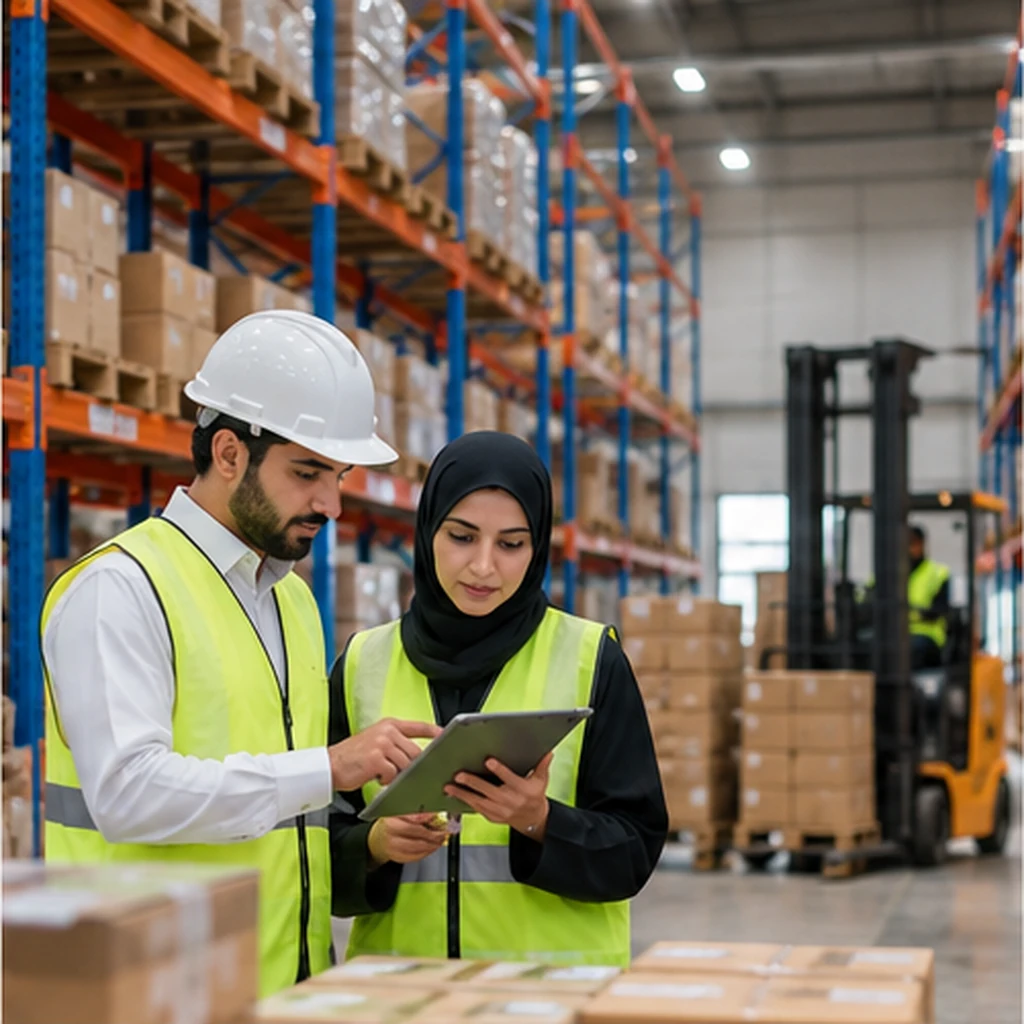 Two professionals reviewing a tablet in a warehouse logistics operation; client-supplied AI illustration, not ITQAN staff, clients or completed projects.
