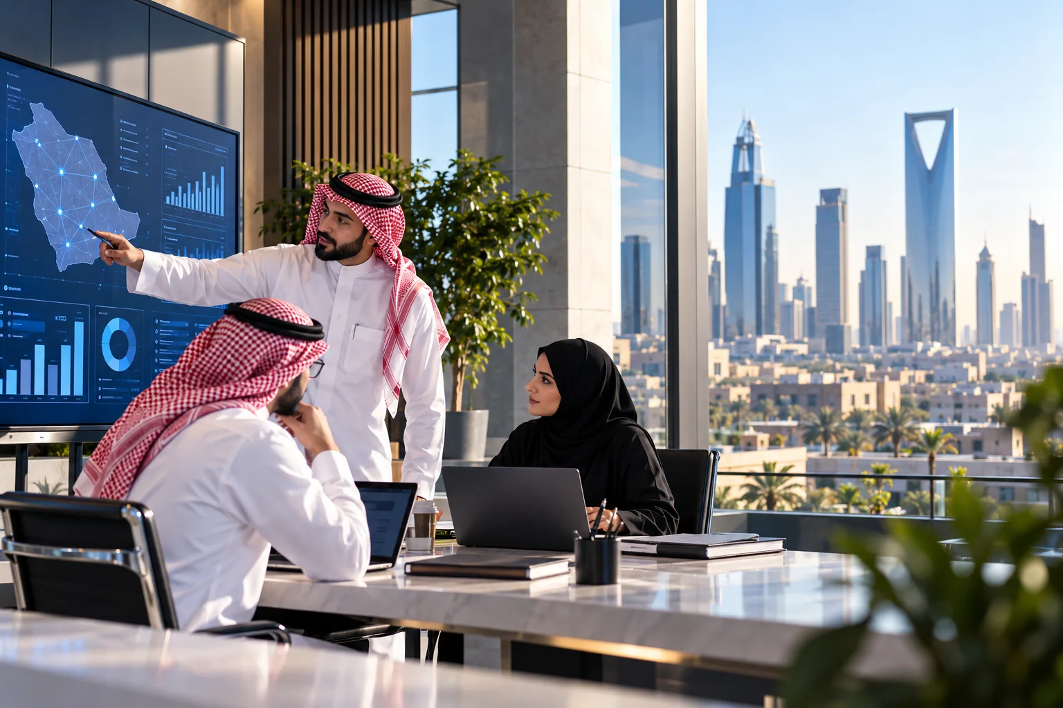 Client-supplied illustration of a team reviewing a Saudi map dashboard with the Riyadh skyline; not verified ITQAN personnel, premises or projects.