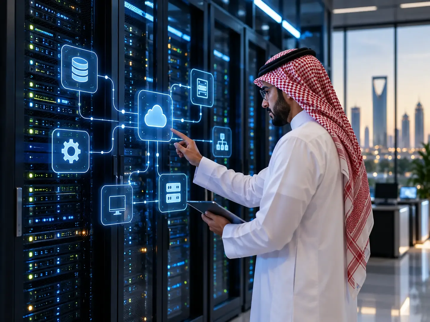 Saudi IT specialist exploring connected systems in a server room; client-supplied AI illustration, not verified ITQAN personnel, premises or projects.