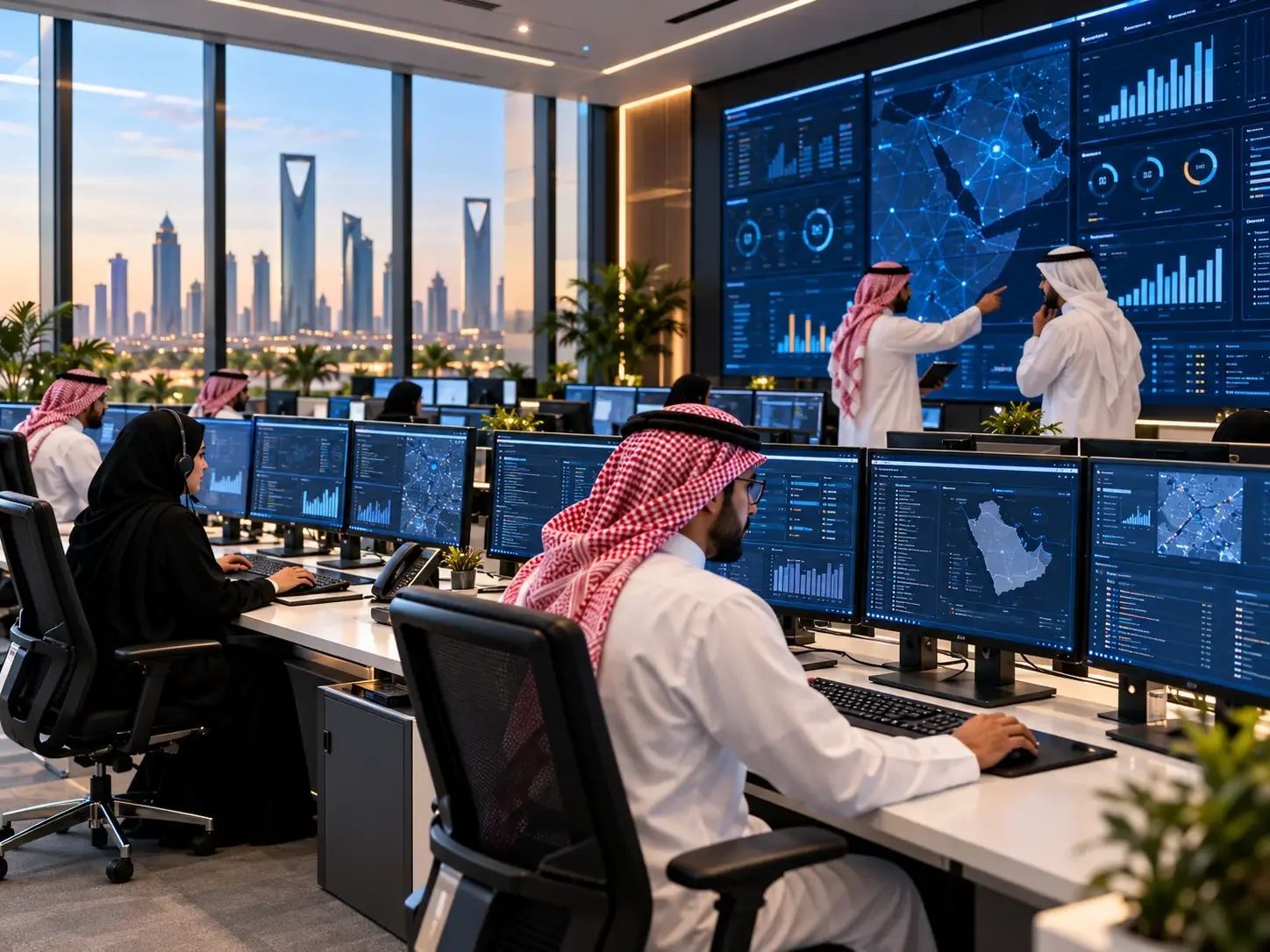 Saudi team monitoring systems in an operations centre; client-supplied AI illustration, not verified ITQAN personnel, premises or projects.