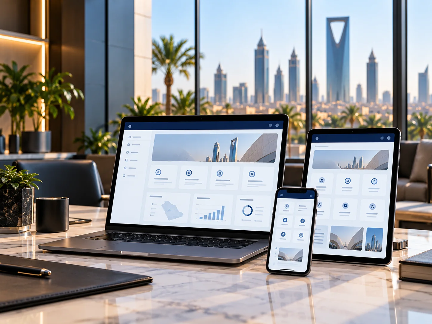Laptop, tablet and phone in a Riyadh workspace; client-supplied AI illustration, not verified ITQAN personnel, premises or projects.
