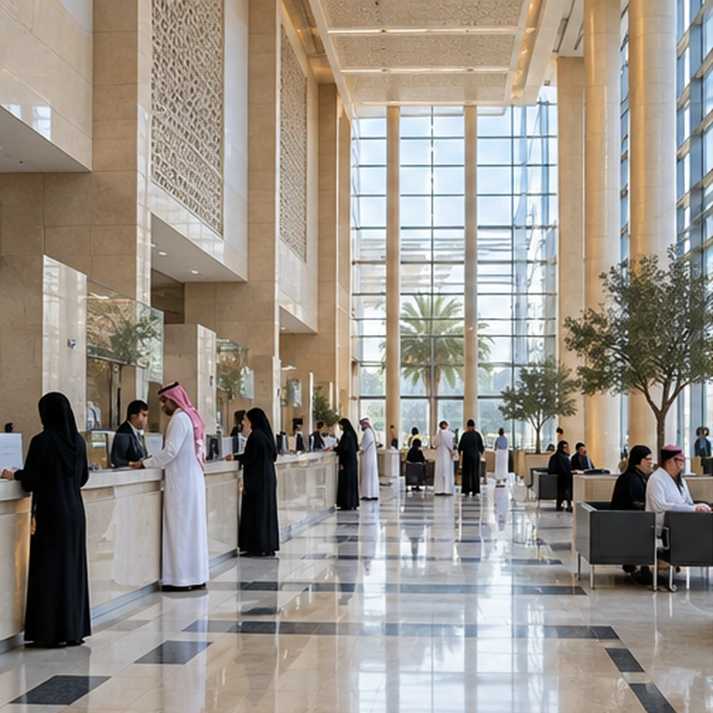 Visitors at service counters in an institutional public administration hall; client-supplied AI illustration, not ITQAN staff, clients or completed projects.