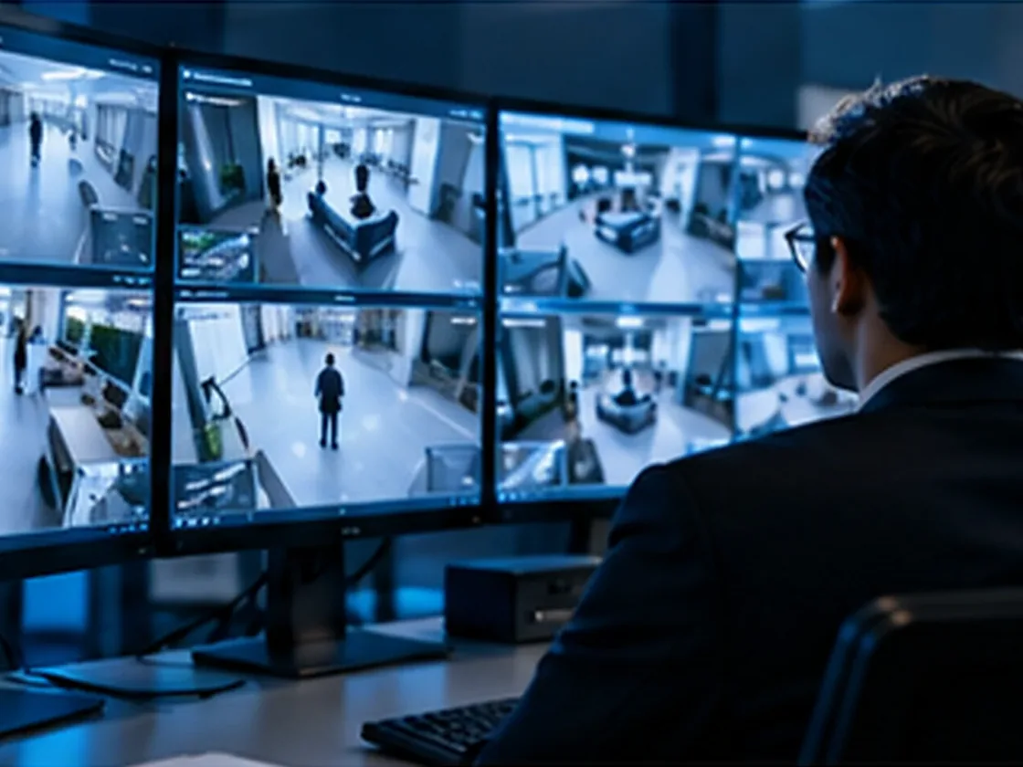 Operator watching CCTV camera feeds across several monitors; client-supplied AI illustration, not ITQAN offices, staff, clients or delivered projects.
