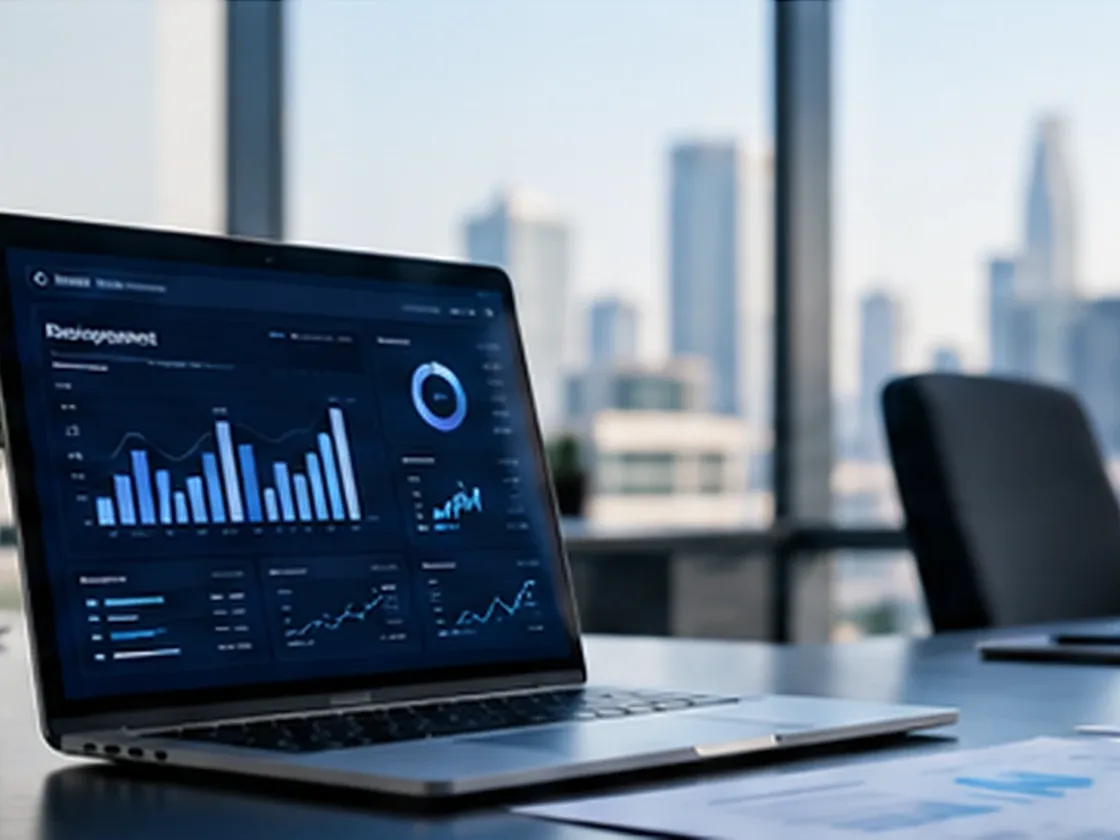 Laptop showing budget analytics in an office overlooking a city skyline; client-supplied AI illustration, not ITQAN offices, staff, clients or delivered projects.